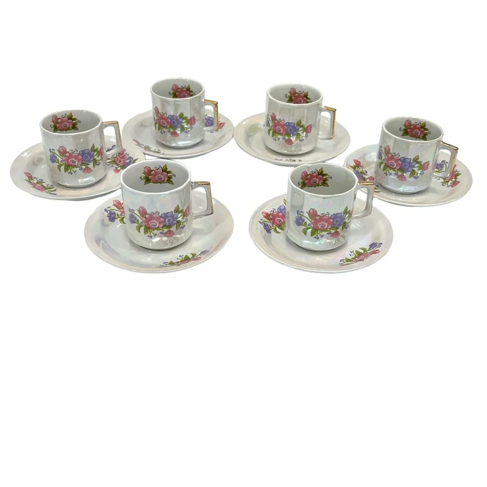 1970s WAHBEH OF CHINA LUSTERWARE PINK & PURPLE FLORAL CUPS & SAUCERS - SET OF 6